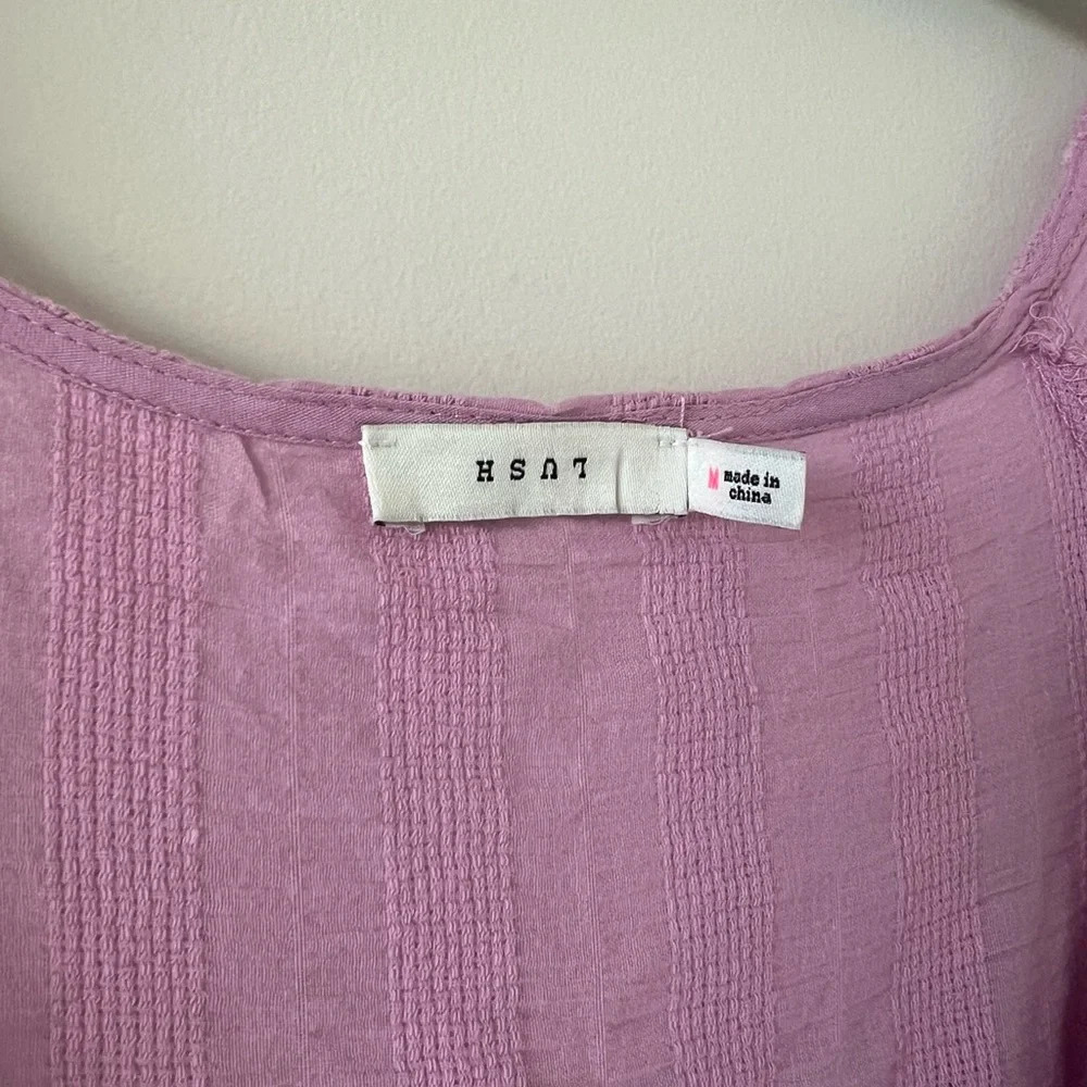 Women’s Resortwear Pink Cotton Puff Sleeve Wrap Tiered Pink Purple Mini Dress - Picture 7 of 12